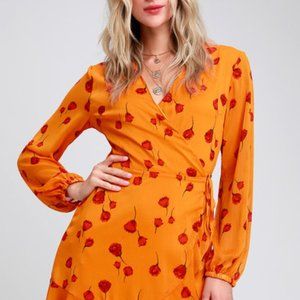 Mareena Orange Floral Print Sleeve Wrap Dress - L